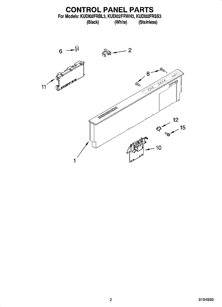 CONTROL PANEL PARTS Diagram and Parts List for KUDI02FRWH3  KitchenAid Dishwasher