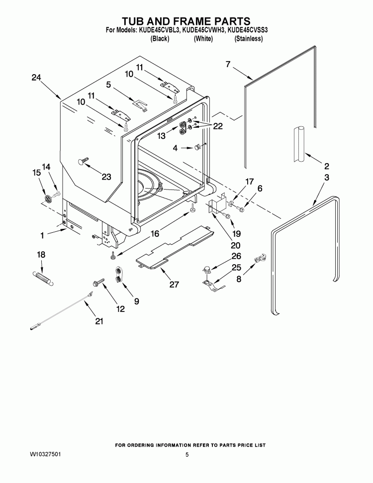 TUB AND FRAME PARTS Diagram and Parts List for KUDE45CVBL3  KitchenAid Dishwasher