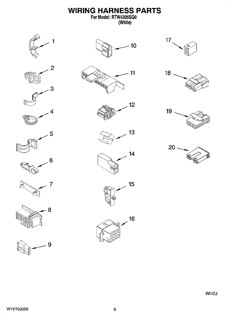 WIRING HARNESS PARTS Diagram and Parts List for RTW4305SQ0  Roper Washer