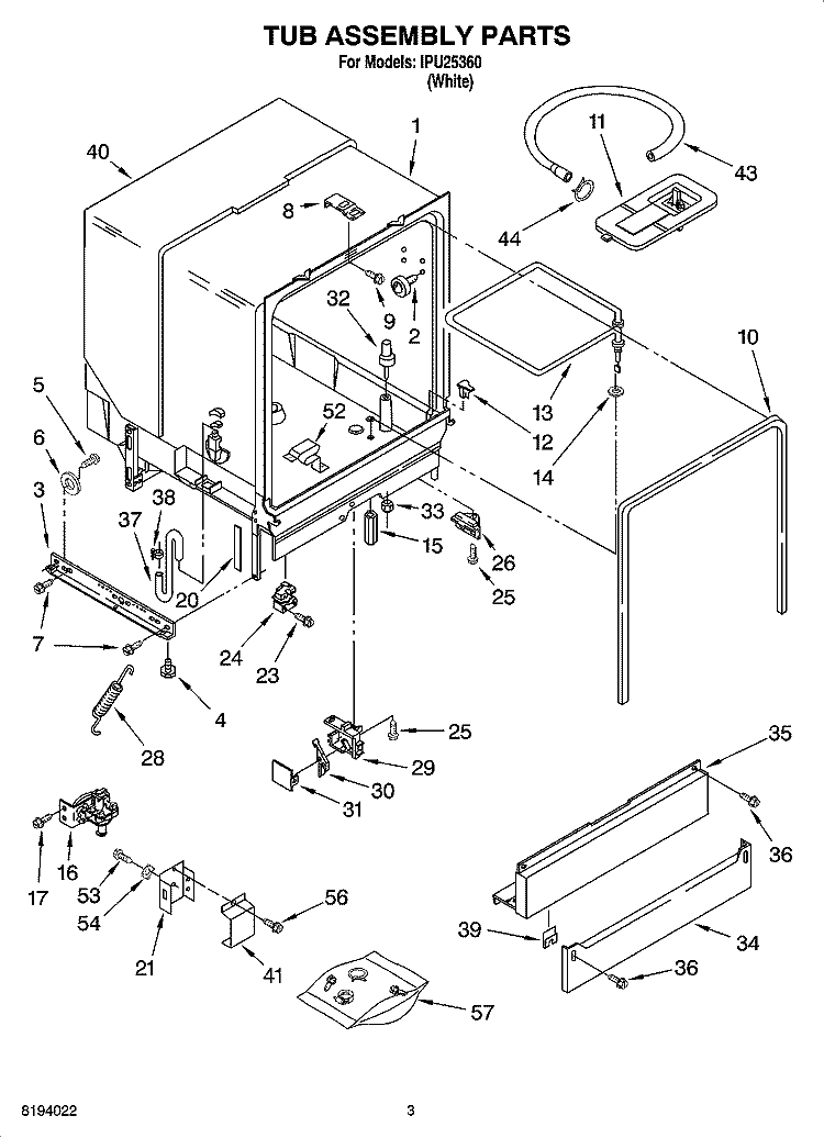 TUB ASSEMBLY PARTS Diagram and Parts List for IPU25360  Inglis Dishwasher