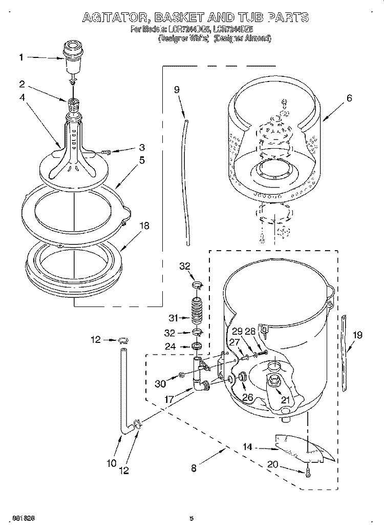 AGITATOR, BASKET AND TUB Diagram and Parts List for LCR7244DZ5  Whirlpool Washer