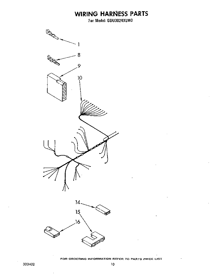 WIRING HARNESS Diagram and Parts List for GDU3024XLW0  Whirlpool Dishwasher