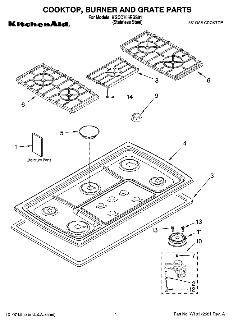 COOKTOP, BURNER AND GRATE PARTS Diagram and Parts List for KGCC766RSS01  KitchenAid Cooktop