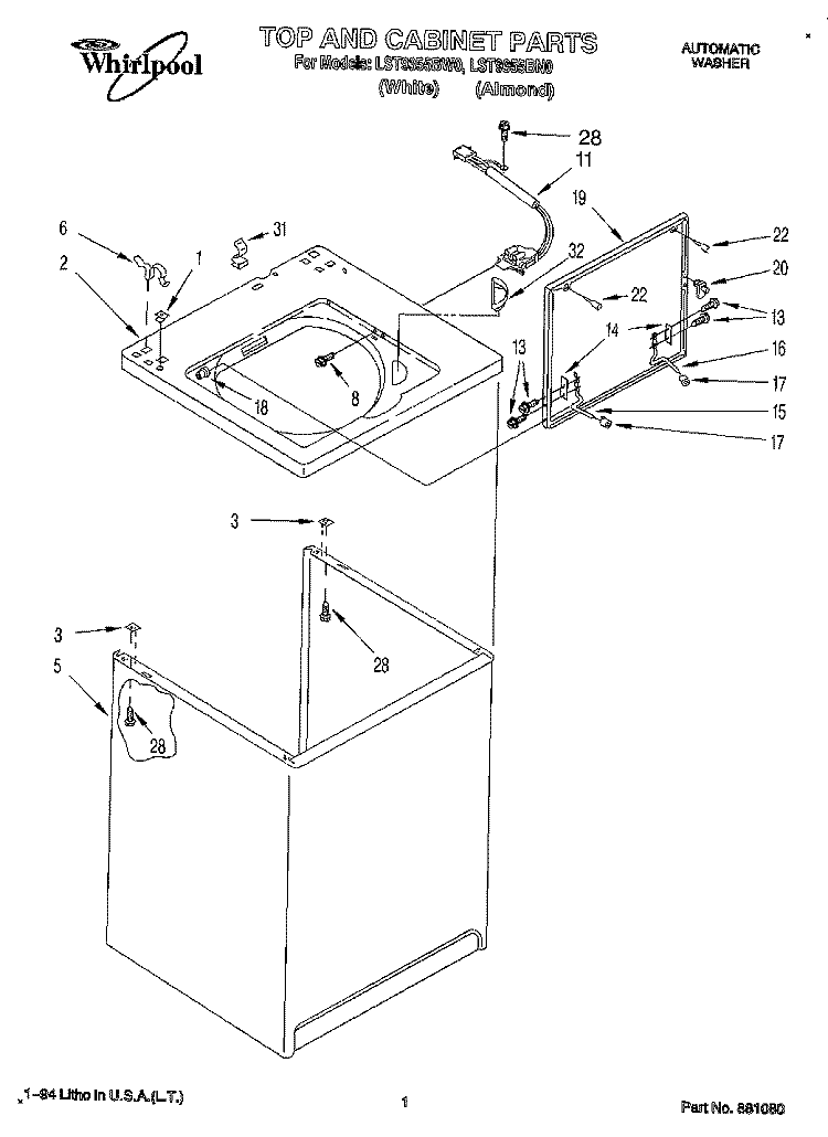 TOP AND CABINET, LIT/OPTIONAL Diagram and Parts List for LST9355BW0  Whirlpool Washer