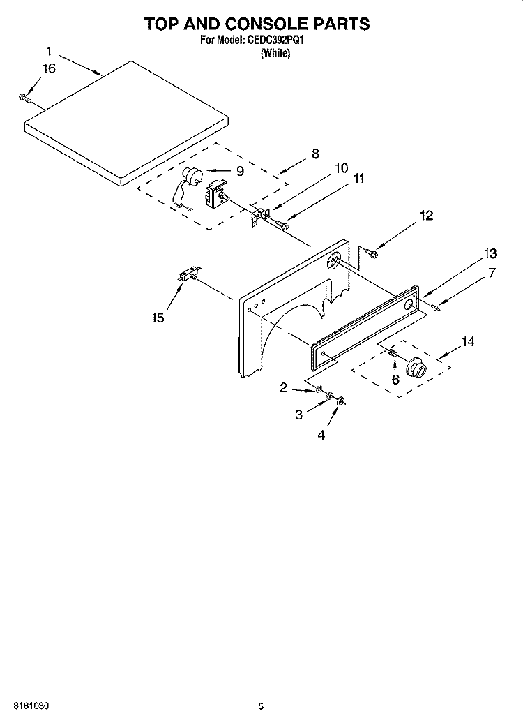 TOP AND CONSOLE PARTS, OPTIONAL PARTS (NOT INCLUDED) Diagram and Parts List for CEDC392PQ1  Crosley Dryer