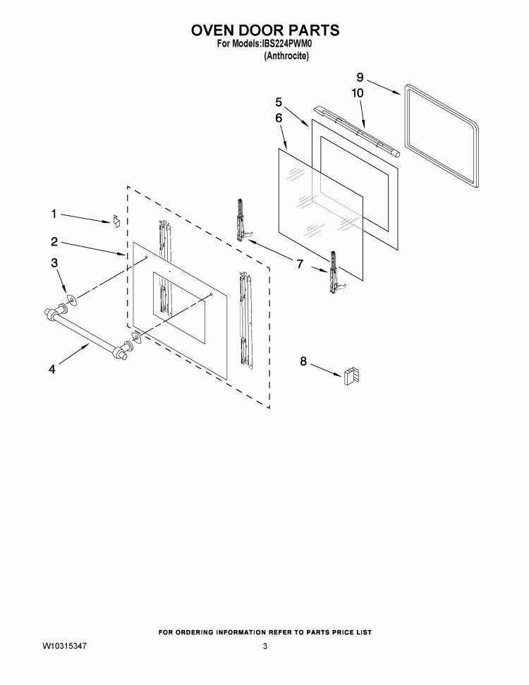 OVEN DOOR PARTS Diagram and Parts List for IBS224PWM0  Whirlpool Wall Oven