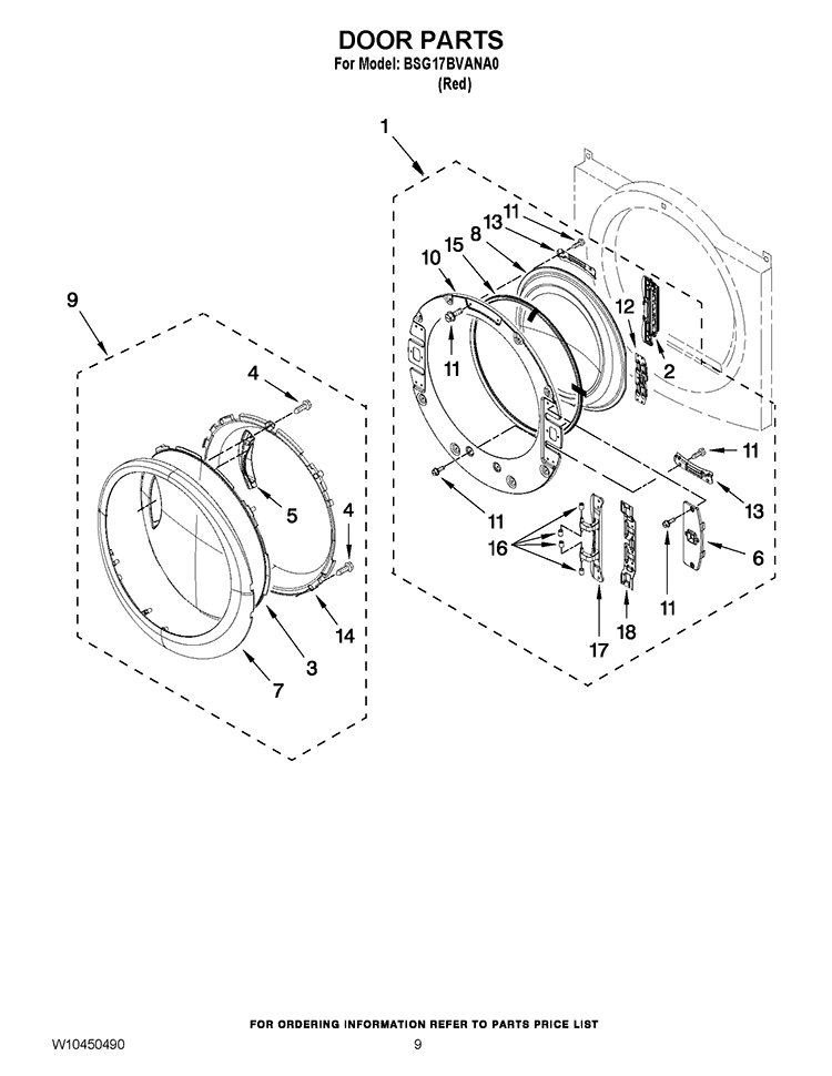DOOR PARTS Diagram and Parts List for BSG17BVANA0  Whirlpool Dryer