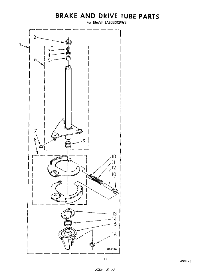 BRAKE AND DRIVE TUBE Diagram and Parts List for LA6000XPW3  Whirlpool Washer