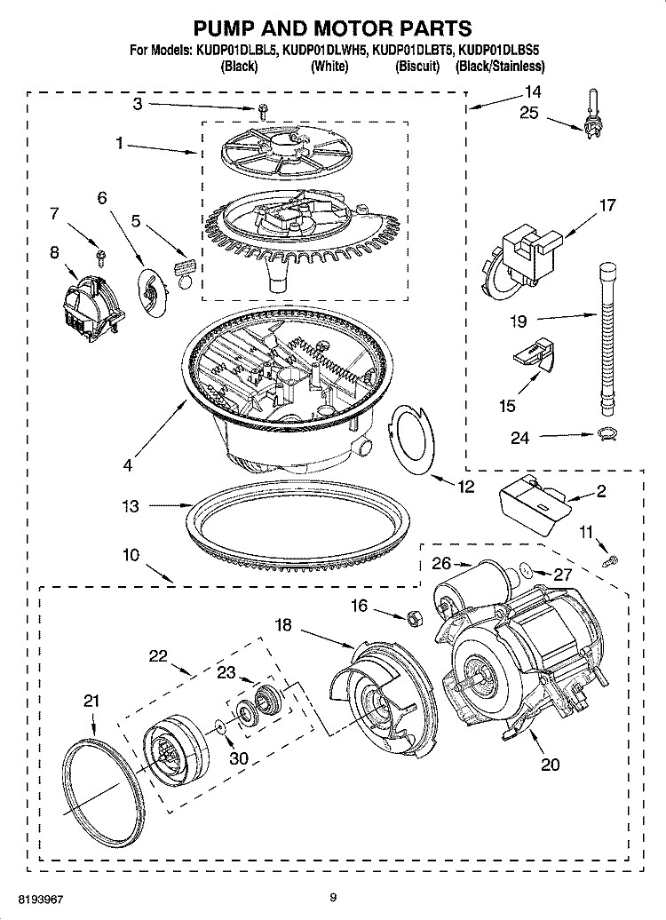 PUMP AND MOTOR PARTS Diagram and Parts List for KUDP01DLBL5  KitchenAid Dishwasher