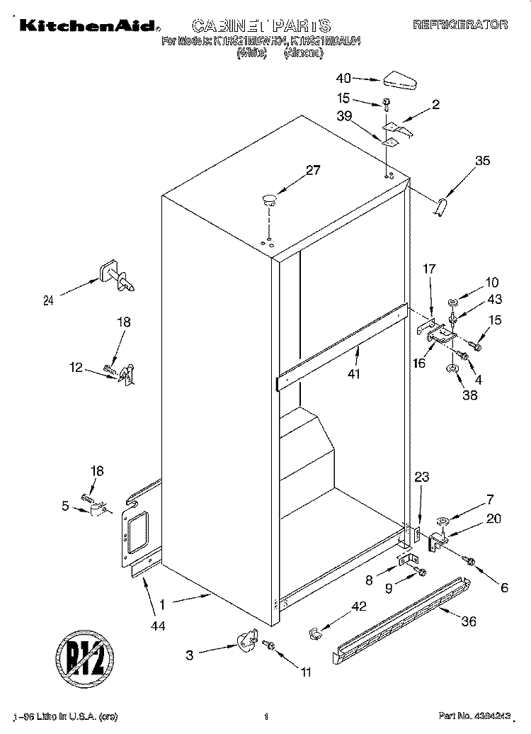 CABINET Diagram and Parts List for KTRS21MDWH04  KitchenAid Refrigerator