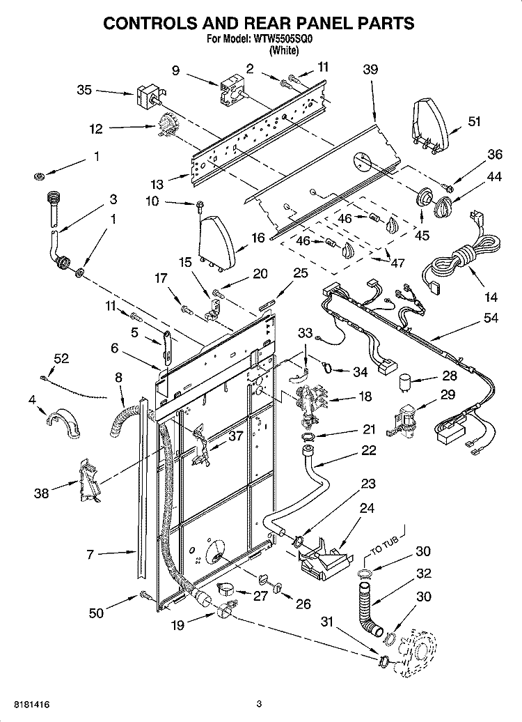 CONTROLS AND REAR PANEL PARTS Diagram and Parts List for WTW5505SQ0  Whirlpool Washer