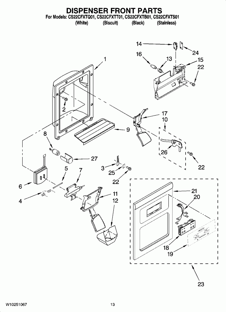 DISPENSER FRONT PARTS Diagram and Parts List for CS22CFXTS01  Crosley Refrigerator