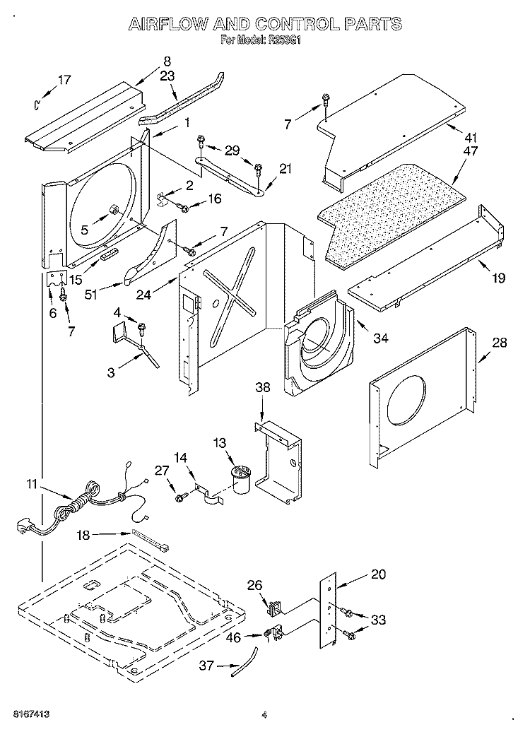 AIR FLOW AND CONTROL Diagram and Parts List for R253G1  Whirlpool Air Conditioner