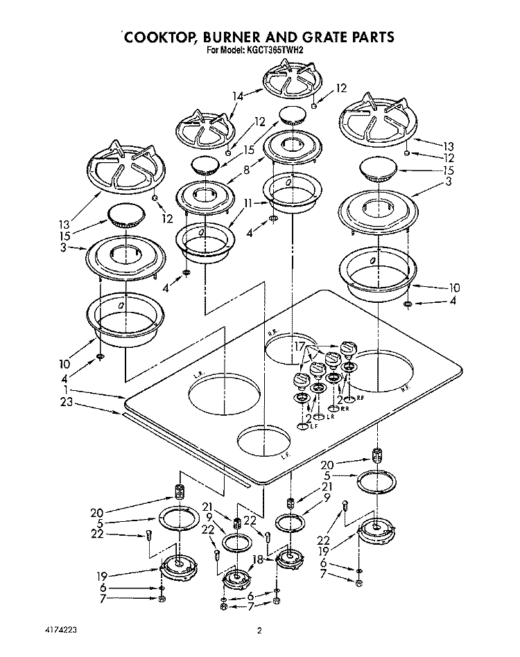 COOKTOP, BURNER AND GRATE Diagram and Parts List for KGCT365TBL2  KitchenAid Cooktop