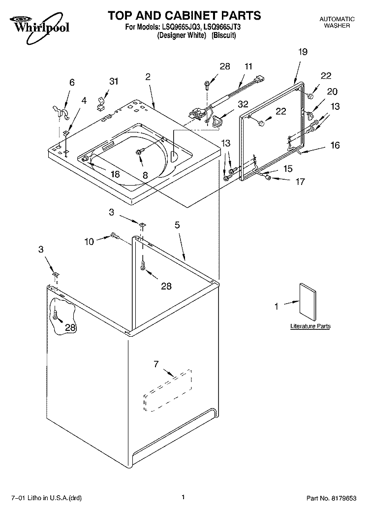 TOP AND CABINET, LITERATURE Diagram and Parts List for LSQ9665JQ3  Whirlpool Washer
