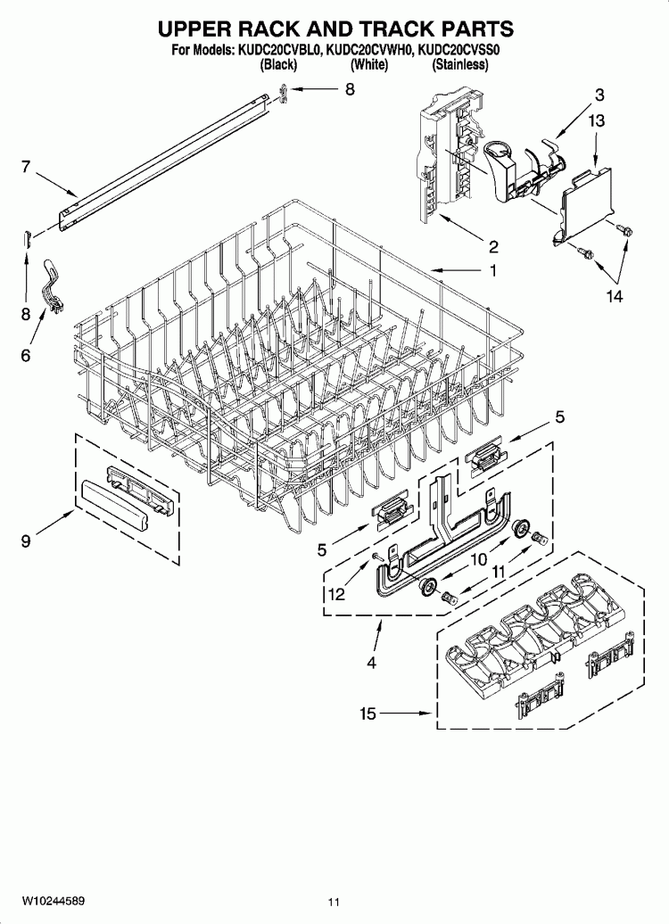 UPPER RACK AND TRACK PARTS Diagram and Parts List for KUDC20CVBL0  KitchenAid Dishwasher