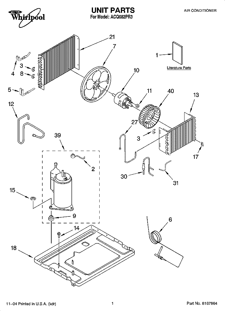 UNIT PARTS Diagram and Parts List for ACQ082PR3  Whirlpool Air Conditioner