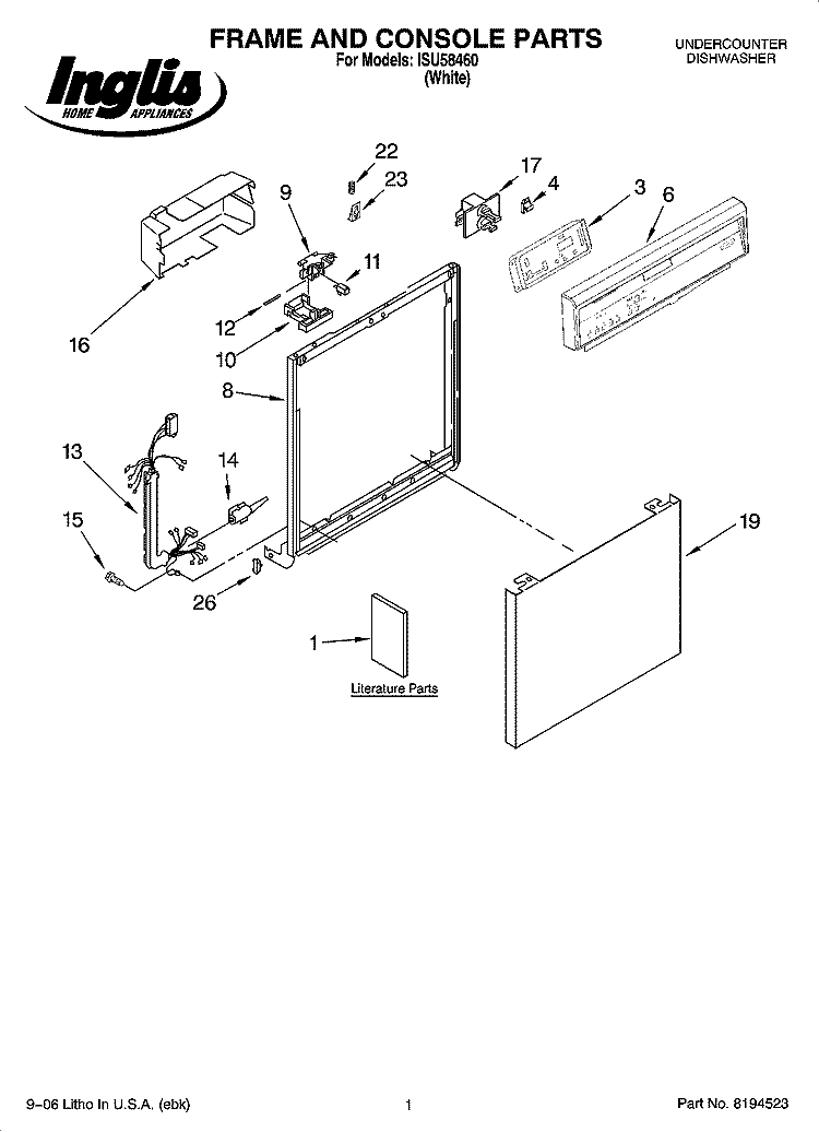 FRAME AND CONSOLE PARTS Diagram and Parts List for ISU58460  Whirlpool Dishwasher