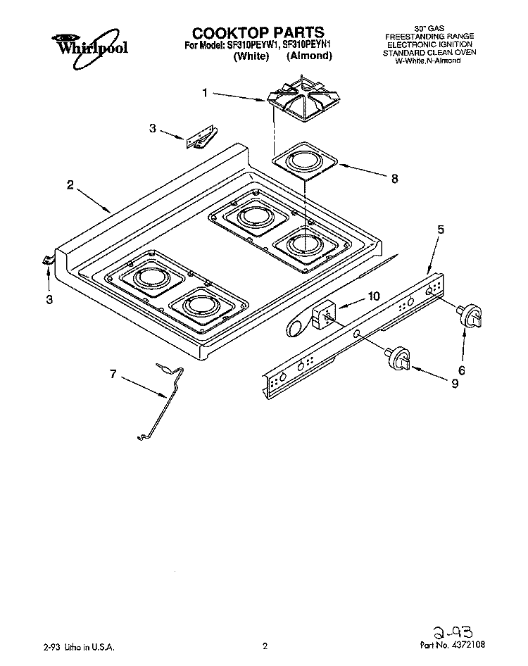 COOKTOP Diagram and Parts List for SF310PEYW1  Whirlpool Range