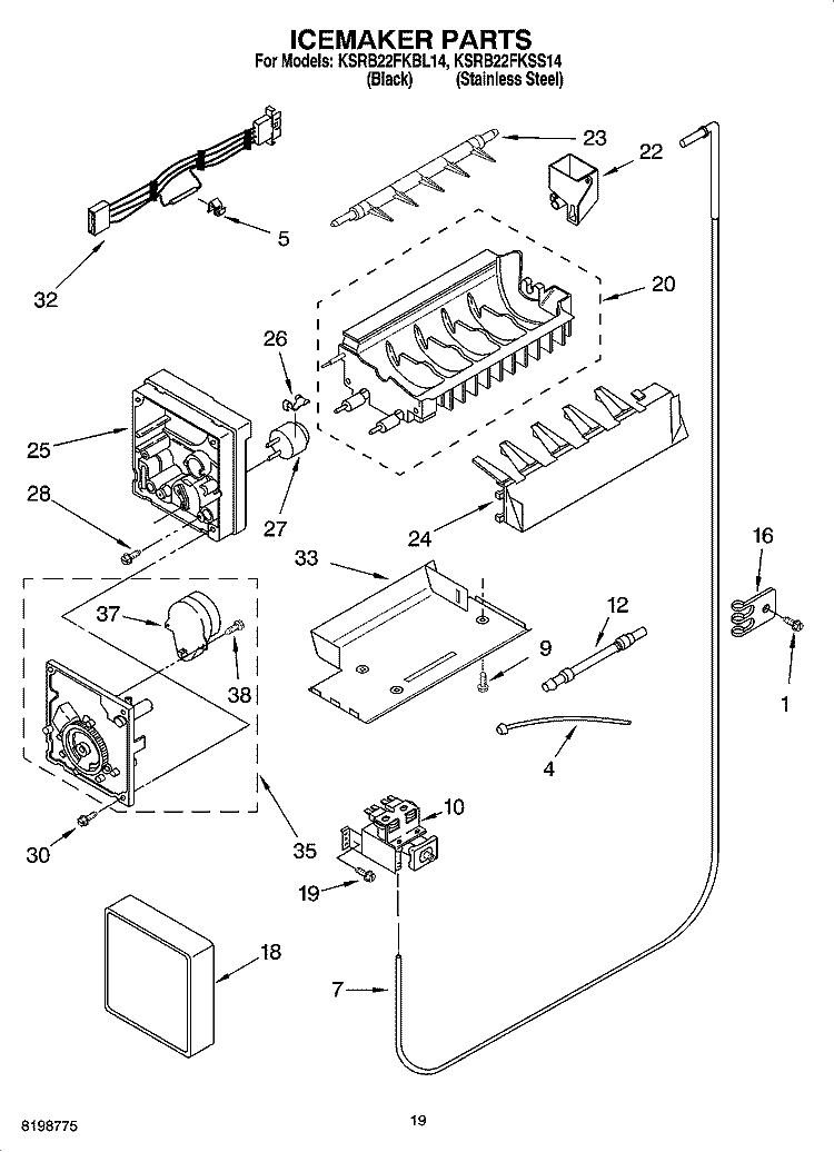 ICEMAKER PARTS Diagram and Parts List for KSRB22FKSS14  KitchenAid Refrigerator