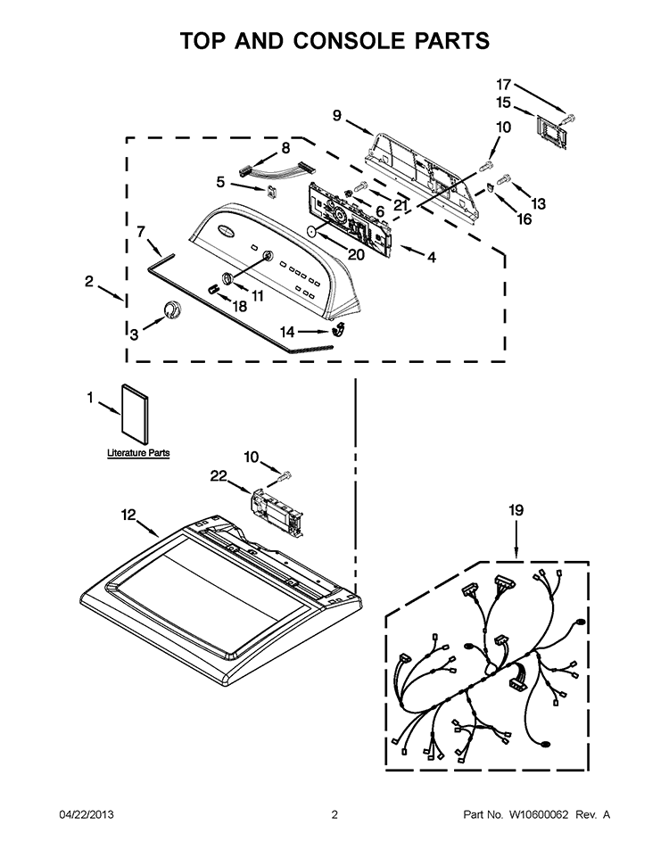 TOP AND CONSOLE PARTS Diagram and Parts List for 7MWGD5600BW0  Whirlpool Dryer