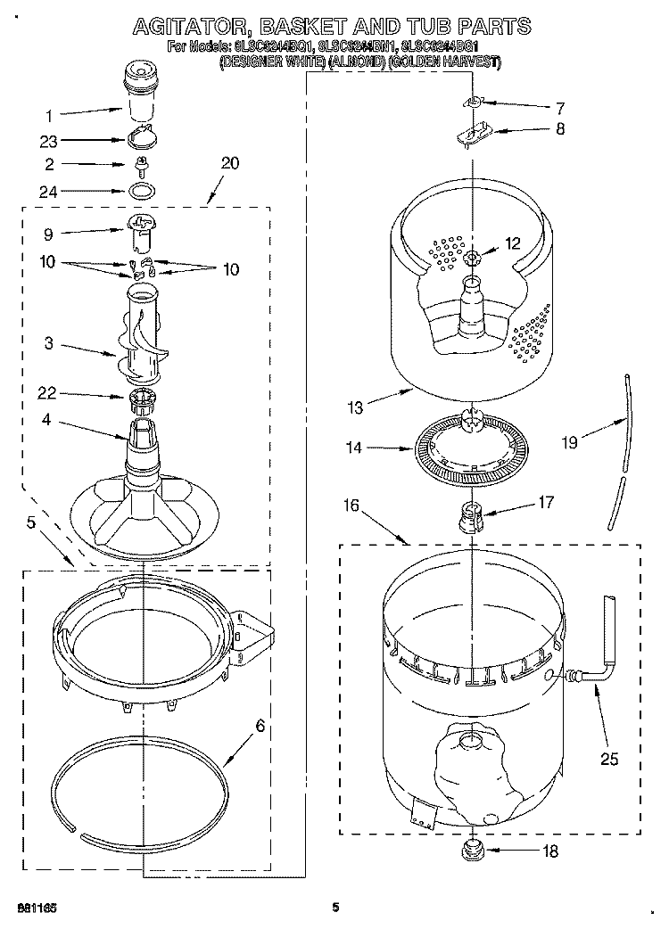 AGITATOR, BASKET AND TUB Diagram and Parts List for 8LSC6244BN1  Whirlpool Washer