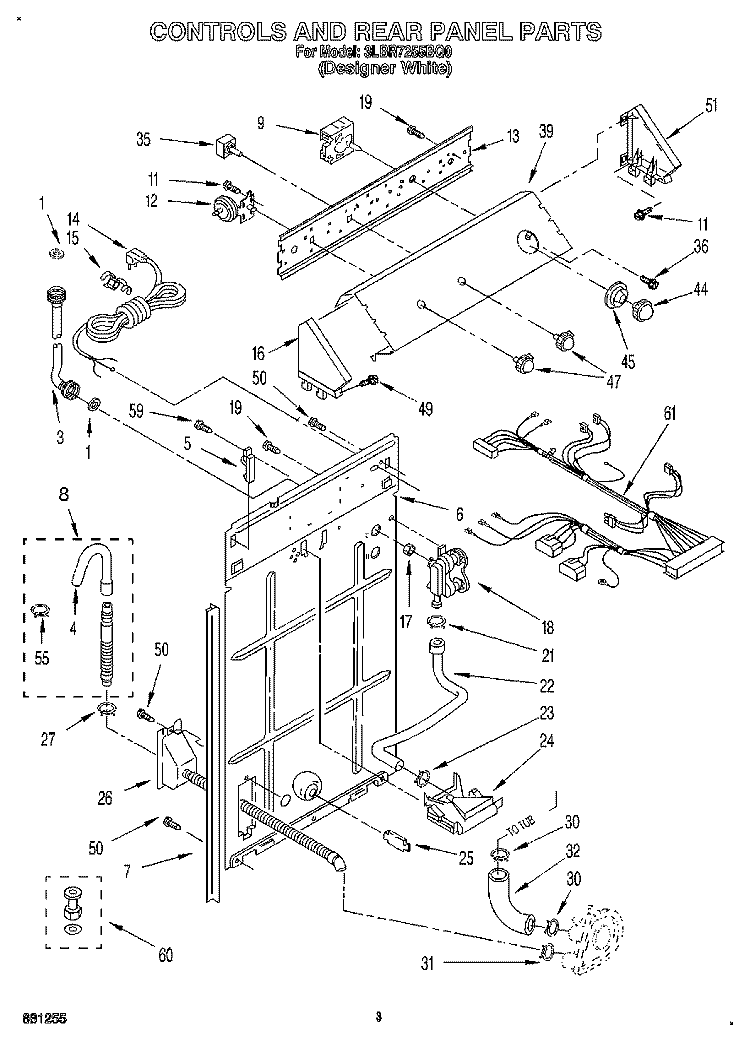 CONTROLS AND REAR PANEL Diagram and Parts List for 3LBR7255BQ0  Whirlpool Washer