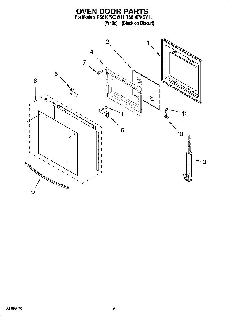 OVEN DOOR PARTS Diagram and Parts List for RS610PXGW11  Whirlpool Range