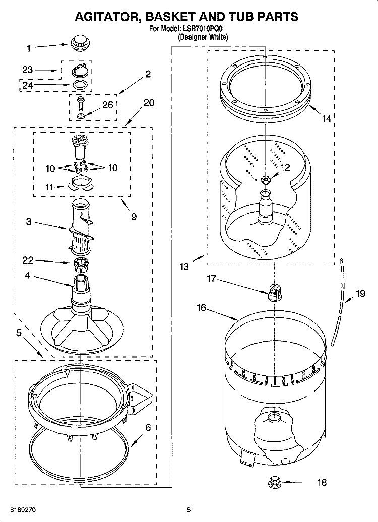 AGITATOR, BASKET AND TUB PARTS Diagram and Parts List for LSR7010PQ0  Whirlpool Washer