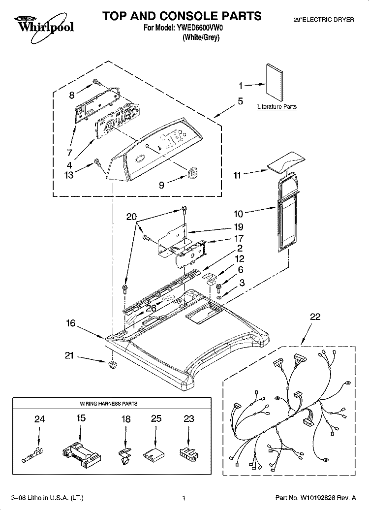 TOP AND CONSOLE PARTS Diagram and Parts List for YWED6600VW0  Whirlpool Dryer