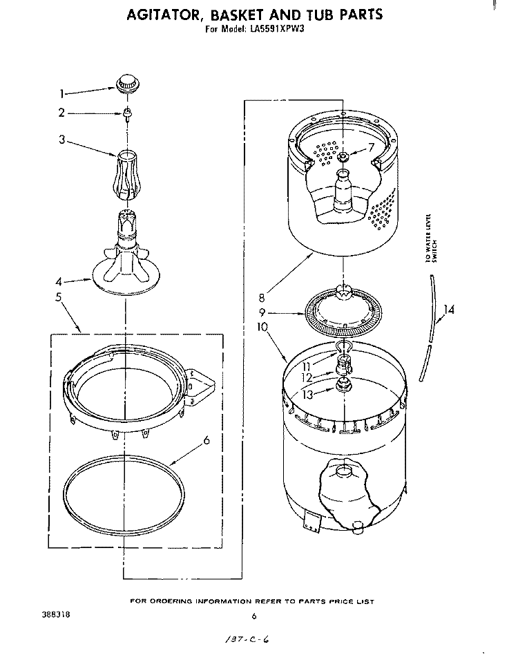AGITATOR, BASKET AND TUB Diagram and Parts List for LA5591XPW3  Whirlpool Washer