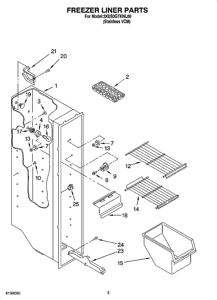 FREEZER LINER PARTS Diagram and Parts List for 3XES0GTKNL00  Whirlpool Refrigerator