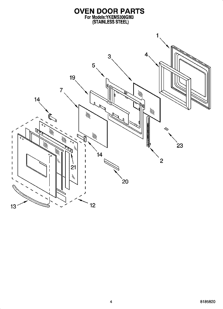 OVEN DOOR PARTS Diagram and Parts List for YKEMS308GM3  KitchenAid Microwave Oven Combo