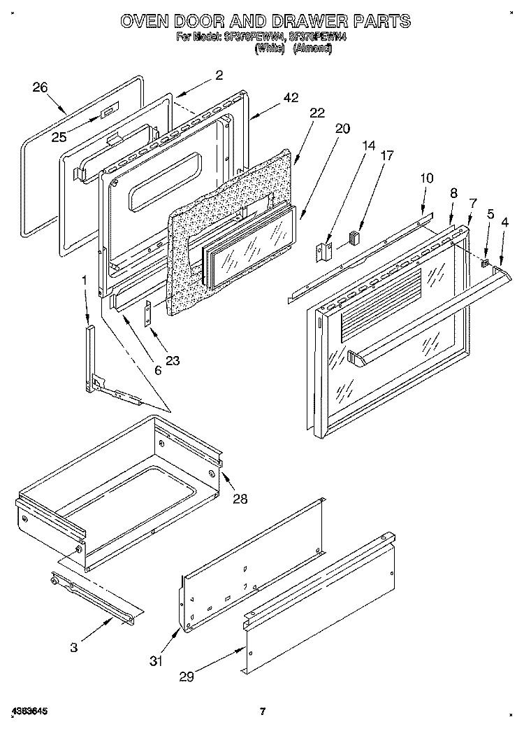 OVEN DOOR AND DRAWER Diagram and Parts List for SF370PEWN4  Whirlpool Range