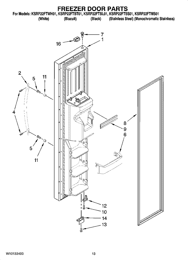 FREEZER DOOR PARTS Diagram and Parts List for KSRP22FTWH01  KitchenAid Refrigerator