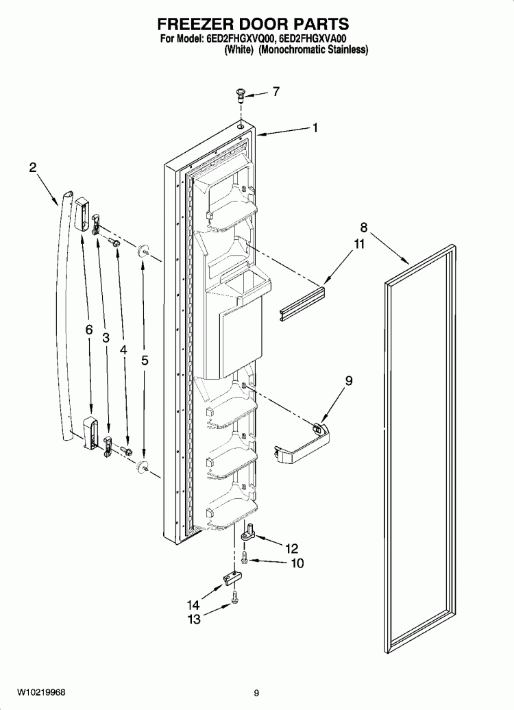 FREEZER DOOR PARTS Diagram and Parts List for 6ED2FHGXVQ00  Whirlpool Refrigerator