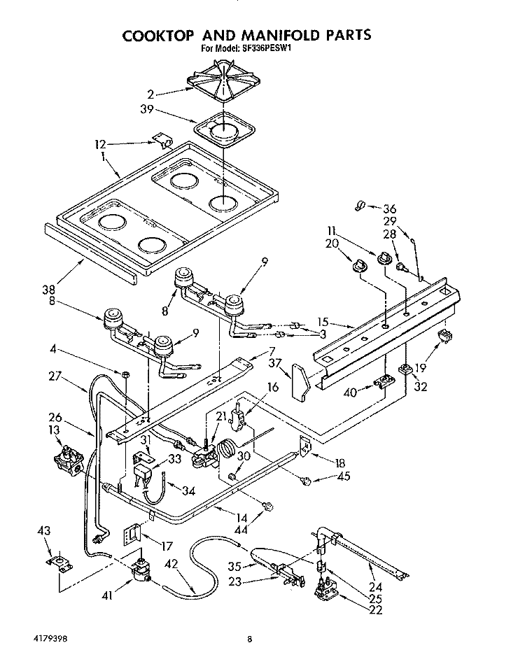 COOKTOP AND MANIFOLD, LIT/OPTIONAL Diagram and Parts List for SF336PESW1  Whirlpool Range