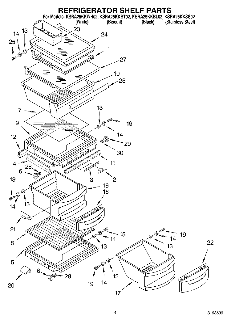 REFRIGERATOR SHELF PARTS Diagram and Parts List for KSRA25KKBT02  KitchenAid Refrigerator