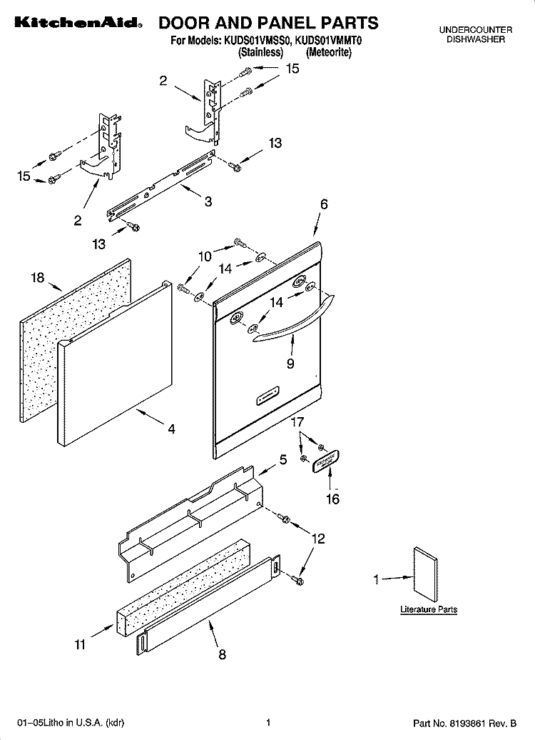 DOOR AND PANEL PARTS Diagram and Parts List for KUDS01VMSS0  KitchenAid Dishwasher
