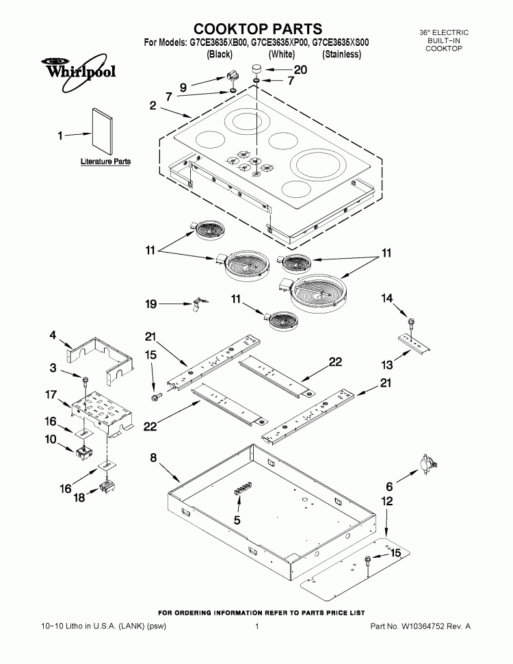 COOKTOP PARTS Diagram and Parts List for G7CE3635XB00  Whirlpool Cooktop
