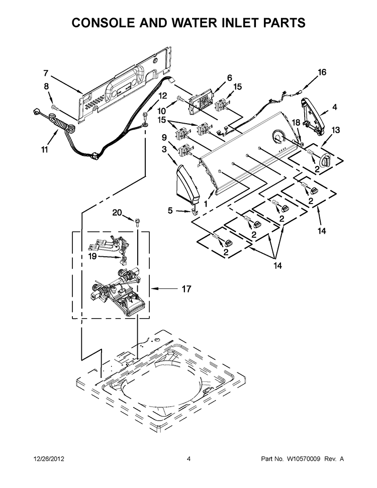 CONSOLE AND WATER INLET PARTS Diagram and Parts List for CAW12444BW0  Whirlpool Washer