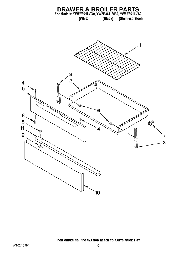 DRAWER & BROILER PARTS Diagram and Parts List for YWFE361LVB0  Whirlpool Range