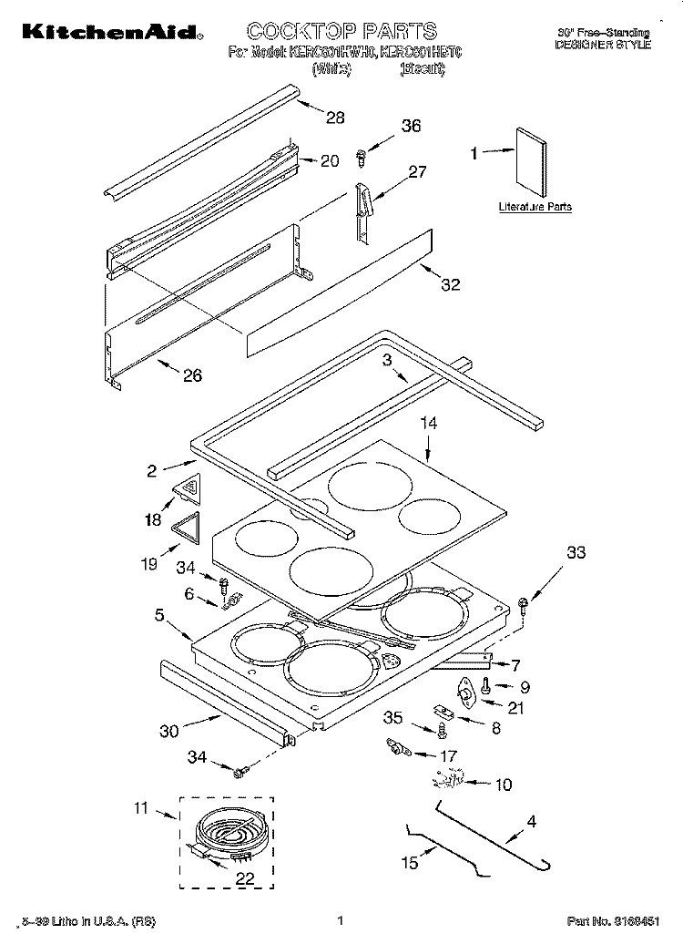 COOKTOP, LITERATURE Diagram and Parts List for KERC601HWH0  KitchenAid Range