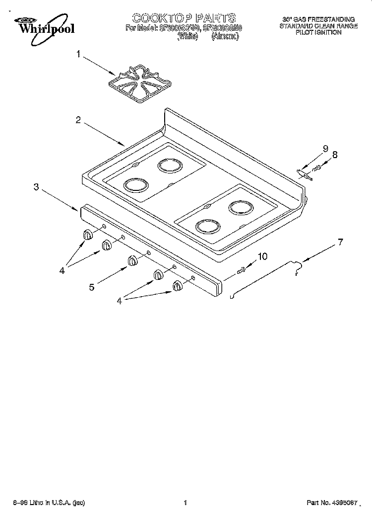 COOKTOP Diagram and Parts List for SF3000SGW0  Whirlpool Range