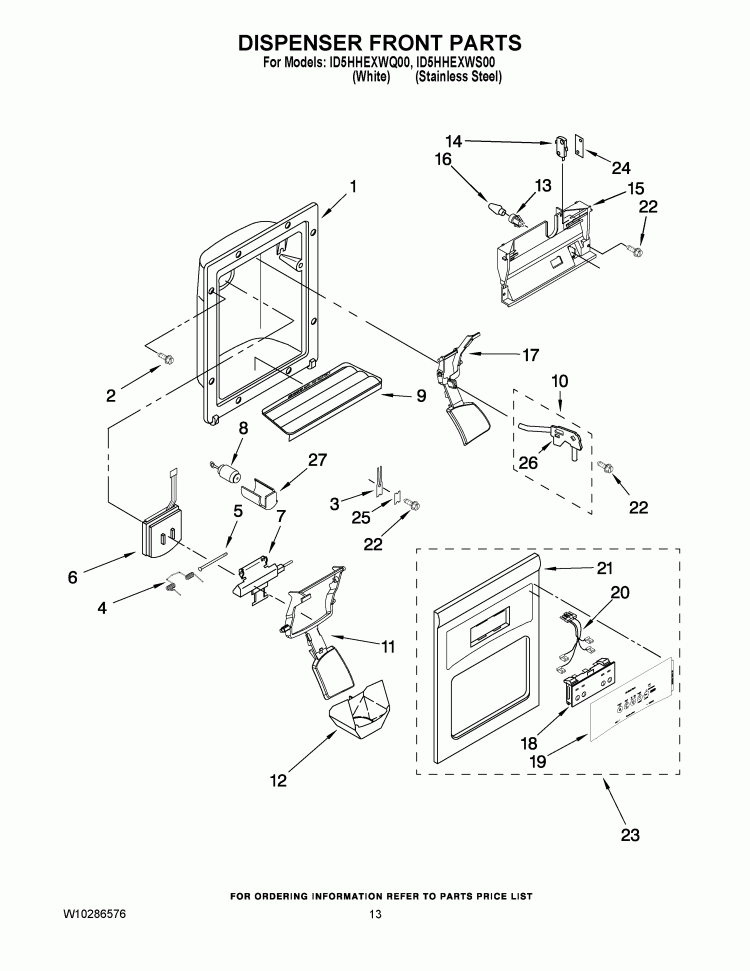 DISPENSER FRONT PARTS Diagram and Parts List for ID5HHEXWS00  Whirlpool Refrigerator