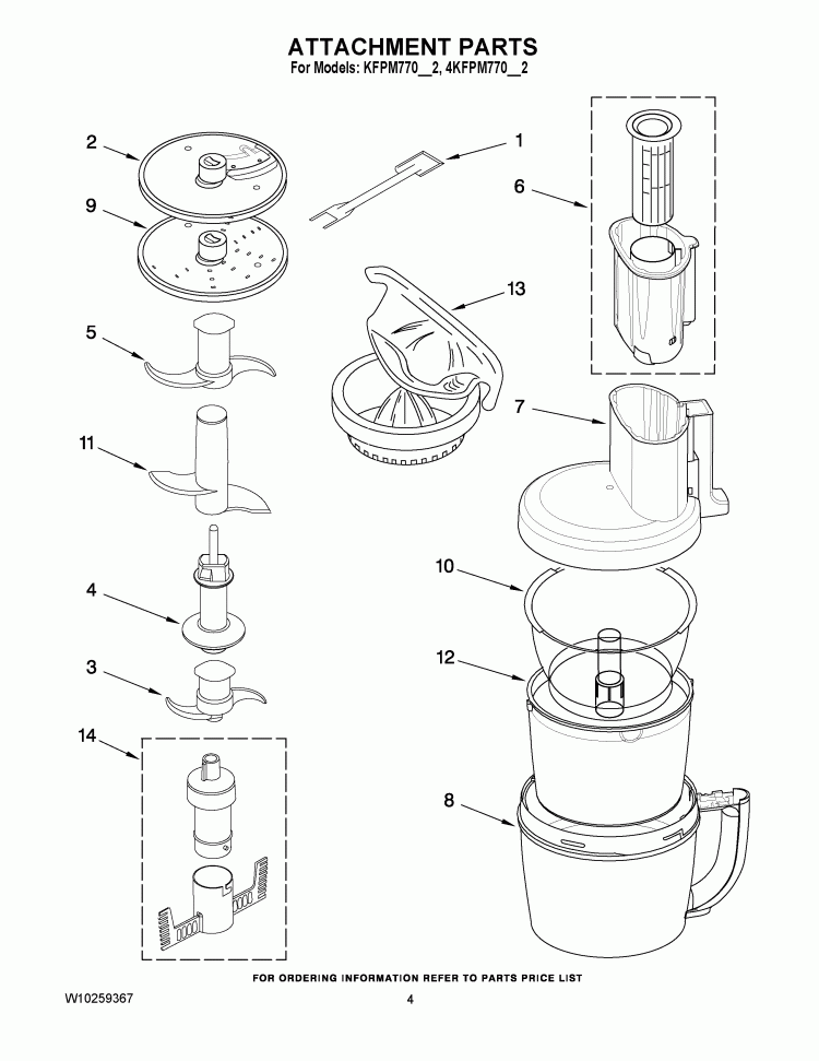 ATTACHMENT PARTS Diagram and Parts List for 4KFPM770NK2  KitchenAid Food Processor