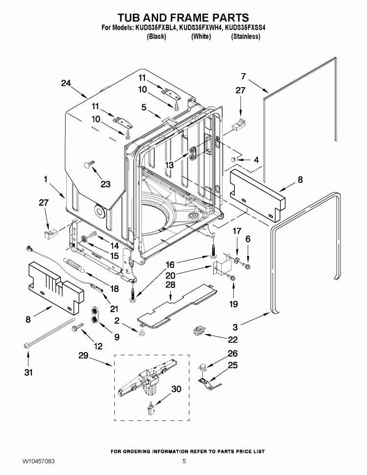 TUB AND FRAME PARTS Diagram and Parts List for KUDS35FXWH4  KitchenAid Dishwasher