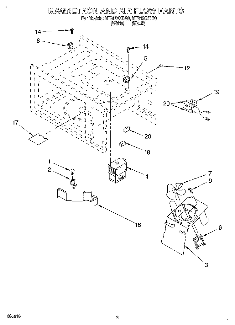 MAGNETRON AND AIR FLOW Diagram and Parts List for MT9160XEB0  Whirlpool Microwave