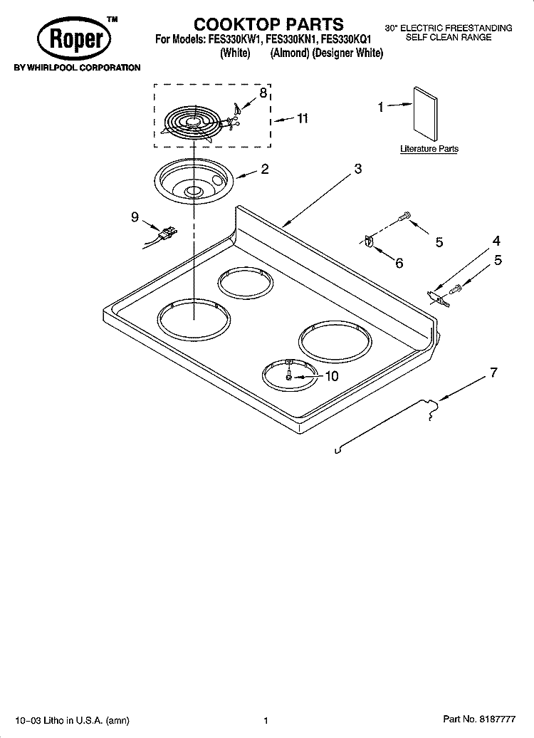 COOKTOP PARTS Diagram and Parts List for FES330KQ1  Roper Range