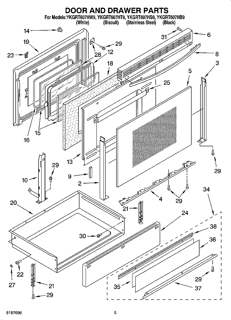 DOOR AND DRAWER PARTS Diagram and Parts List for YKGRT607HT9  KitchenAid Range